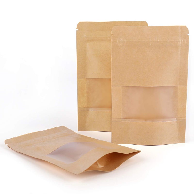 Kingrol 300 Pack 3.5 x 5.5 Inch Mini Kraft Paper Bags with Resealable Lock Seal Zipper &Transparent Window, Stand Up Food Bags - Image 2